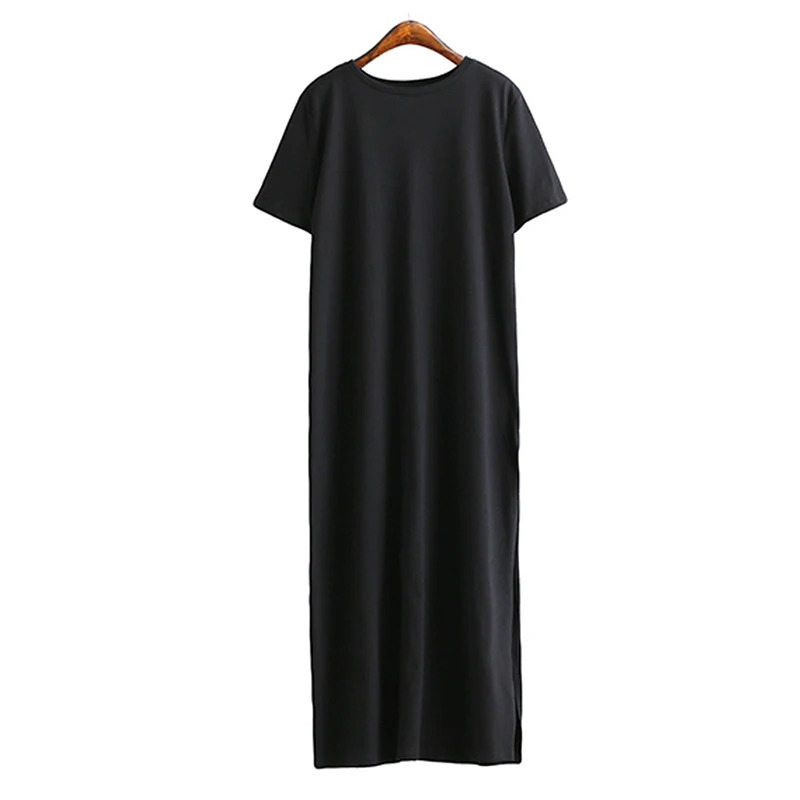 Summer Korean Style Midi Dress Women Casual Black Long Dresses Short Sleeve Sexy Plus Size Side Open Party Maxi T Shirt Dress 260306