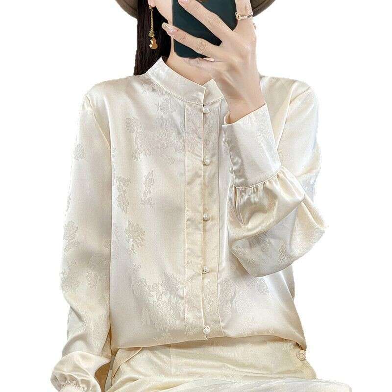 Mardi Hefxessdr Women's Long Sleeve Loose Fit Stand Collar Elegant All-Match Satin Fabric Imitation Chinese style shirt women's clothing