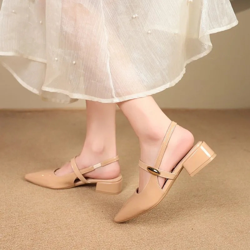 White Leather Pointed Toe Low Heel Heels Woman Shoes Pumps Fashion Buckle Strap Mules Sandals Zapatos Mujer 260303