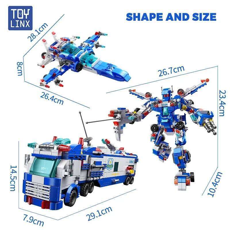 TOYLINX 679PCS Police Building Blocks 8-in-3 Transformable Toy 51 Shape Changes Robot Vehicle Aircraft Kids Construction Bricks Z260305