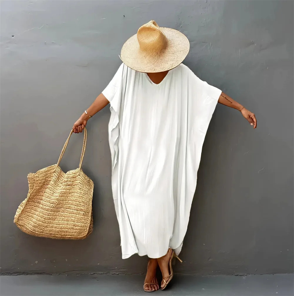 Plus Size Womens Caftan Kaftans Casual V Neck Caftans Long Soft Beach Maxi Dress for Summer 260302