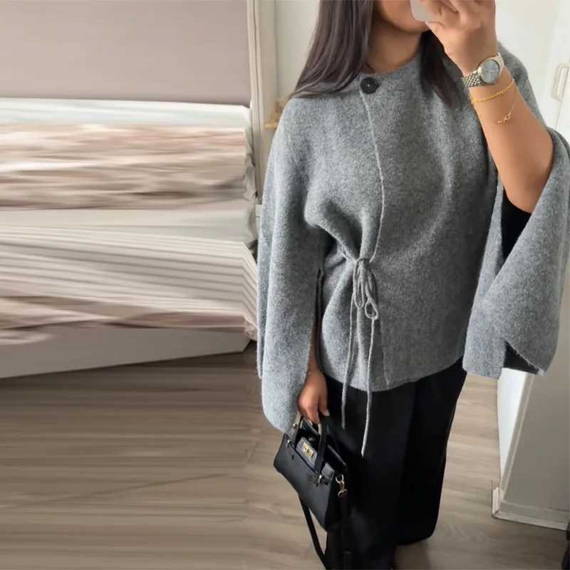 Casual Solid Womens Cardigan Lace Up Loose Knitwear Chic Spliting Batwing Sleeve Knitted Sweaters 2025 New Autumn Lady Knit Top M260306