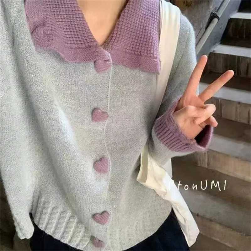 Womens Cardigan Sweater Coat Red White Contrast Doll Neck Knitwear Autumn Winter 2023 New Sweet Thicked Heart Button Sweaters M260306