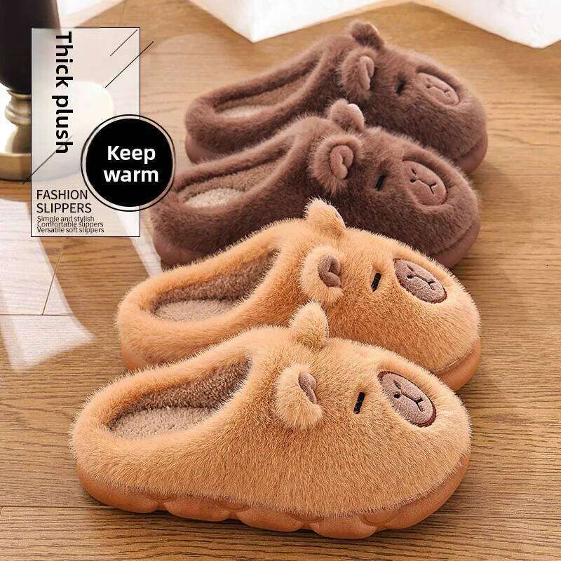 Winter Home Couples Warm Plush Neutral Cartoon Cow Indoor Anti Slip Comfortable Cotton Slippers for Men and Women