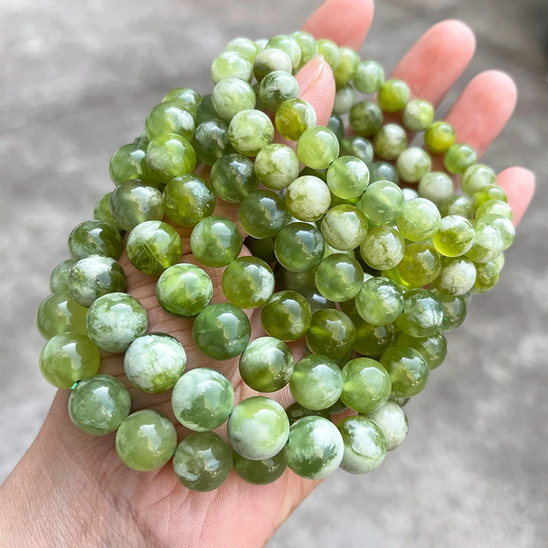 JD 7A Quality Natural Stone Green and White Serpentine Jade Charm Bracelets Women Fashion Chic Round Bead Elastic Bracelets 260302