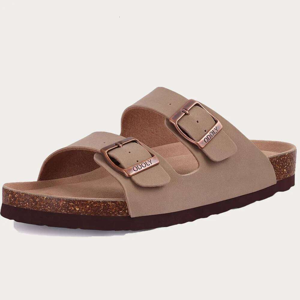 Litfun Women's Cork Footbed Classic Flat Fashion Thick Bottom Double Buckle Slides Beach Sandals With Adjustable