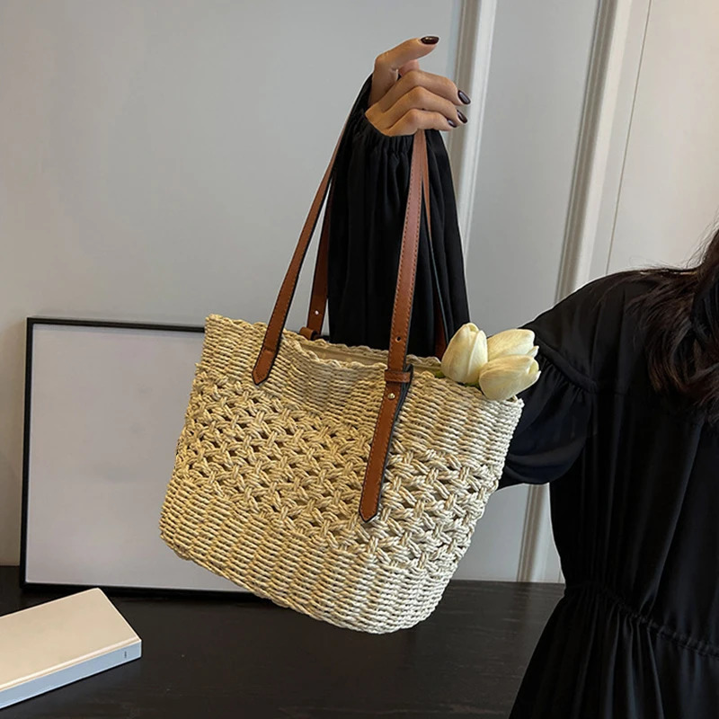 Casual Rattan Wicker Tote Bag Large Capacity Woven Womens Summer Beach Straw Handbag Lady Travel Big Basket 260303