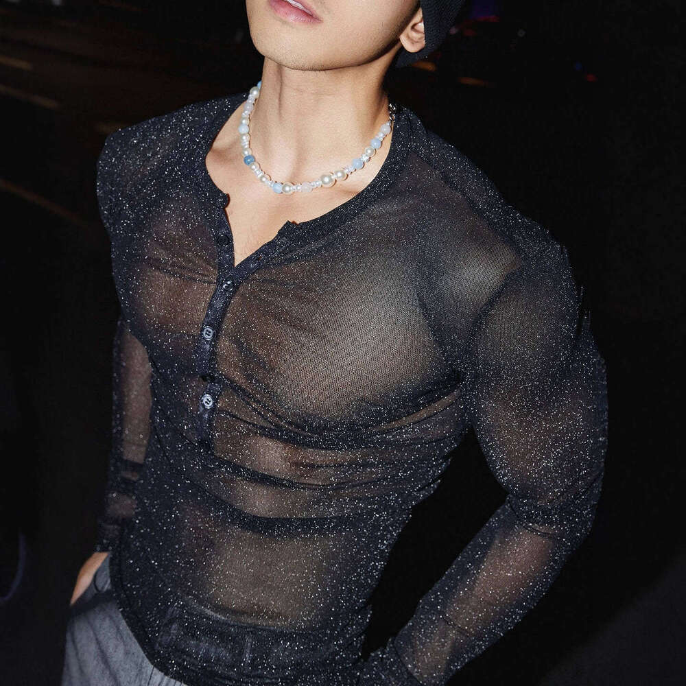 European and American Cross-Border Sexy Shiny Diamond Men's Semi-Sheer Top Street Fashion Nightclub Style Button Round Neck Fun T-Shirt