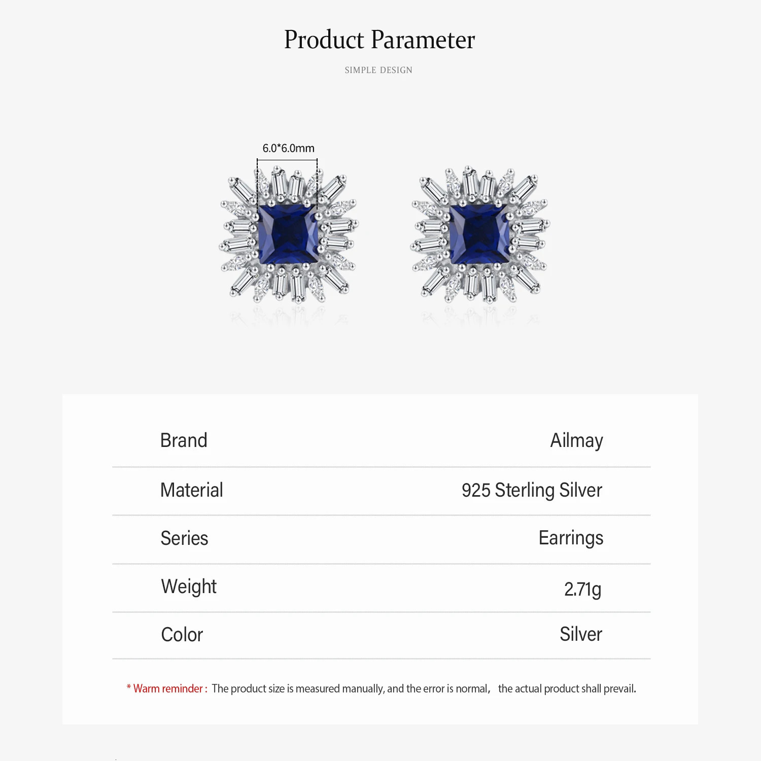 Ailmay Elegant 925 Sterling Silver Retro Blue Square Zircon Earrings Perfect Holiday Or Anniversary Gift For Women 260303