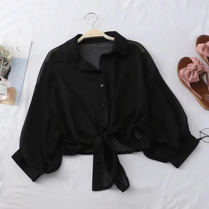 Women Summer Bat Half Sleeve Chiffon Shirt Casual Loose Button Hollow White Clothes Elegant Solid Color Tied Waist Blouse 9776 260306