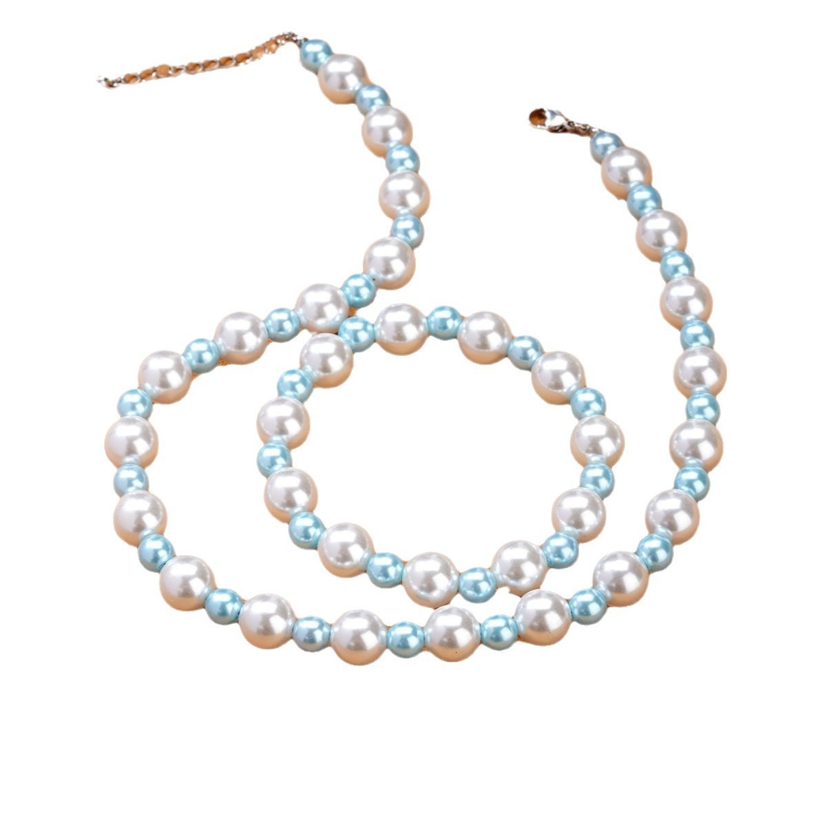 European And American Ocean-Style Lake Blue Pearl Beaded Summer Forest-Style Seaside Vacation Three-Piece Set For Women