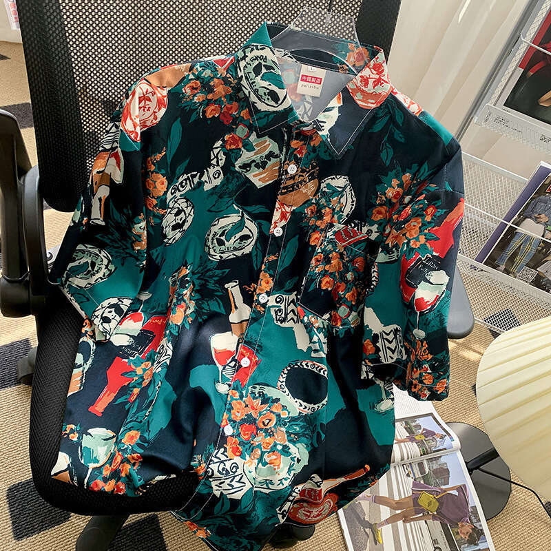 Floral shirt for men, short-sleeved, Hawaiian casual, summer thin style, trendy loose shirt, oversize, couple's five-quarter sleeve