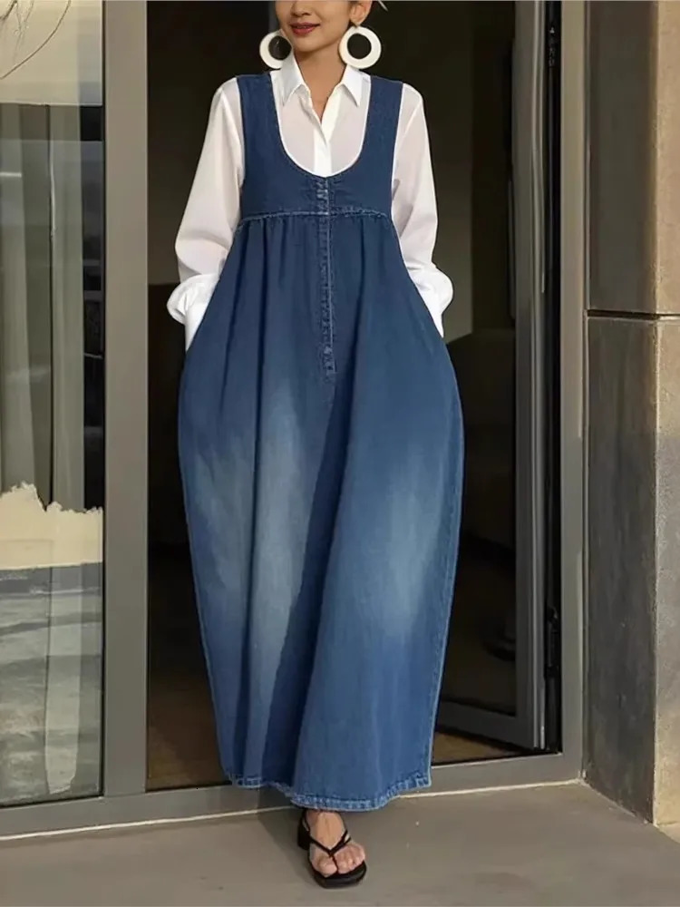 Large Size Retro Denim Casual Dress Fashionable Solid Color Sleeveless Loose Vest Summer Daily Womens Clothing 260305