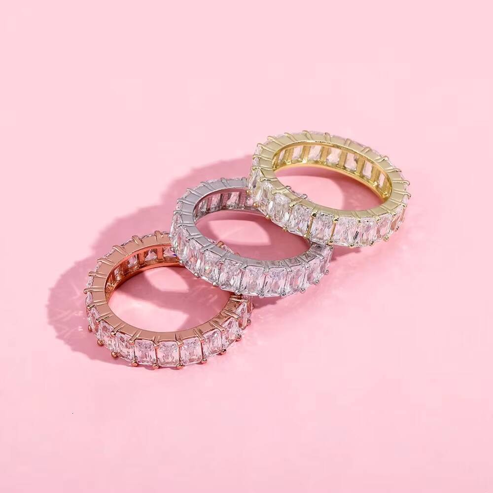 Fashion Trendy Iced Lab Created Zircon Geometric Hip Hop Eternity Engagement Wedding Band Ring Brass Platinum/Gold Plated Men