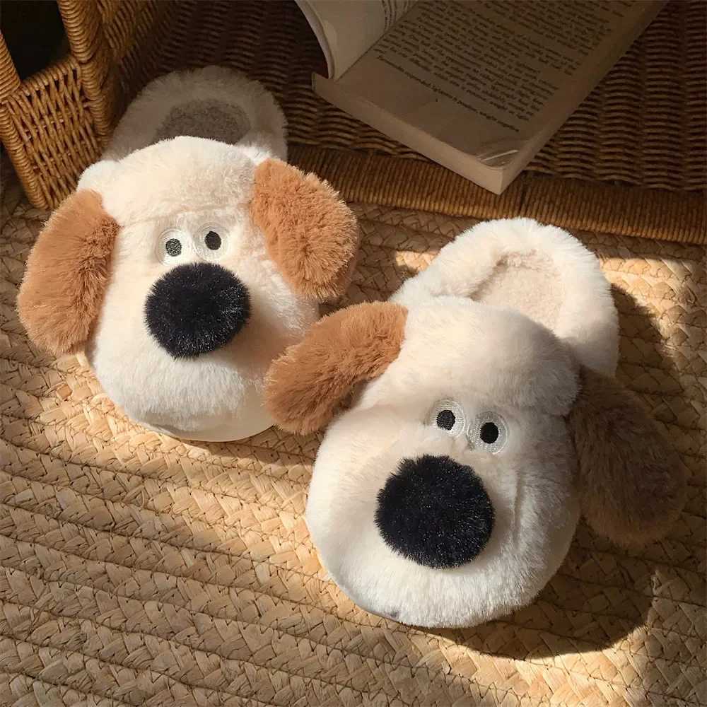 Women Home Soft Sole Cotton Slippers Cartoon Cute Dog Fluffy Slippers Female Winter Slides Ladies Plush Indoor Flats Flip Flops S260305