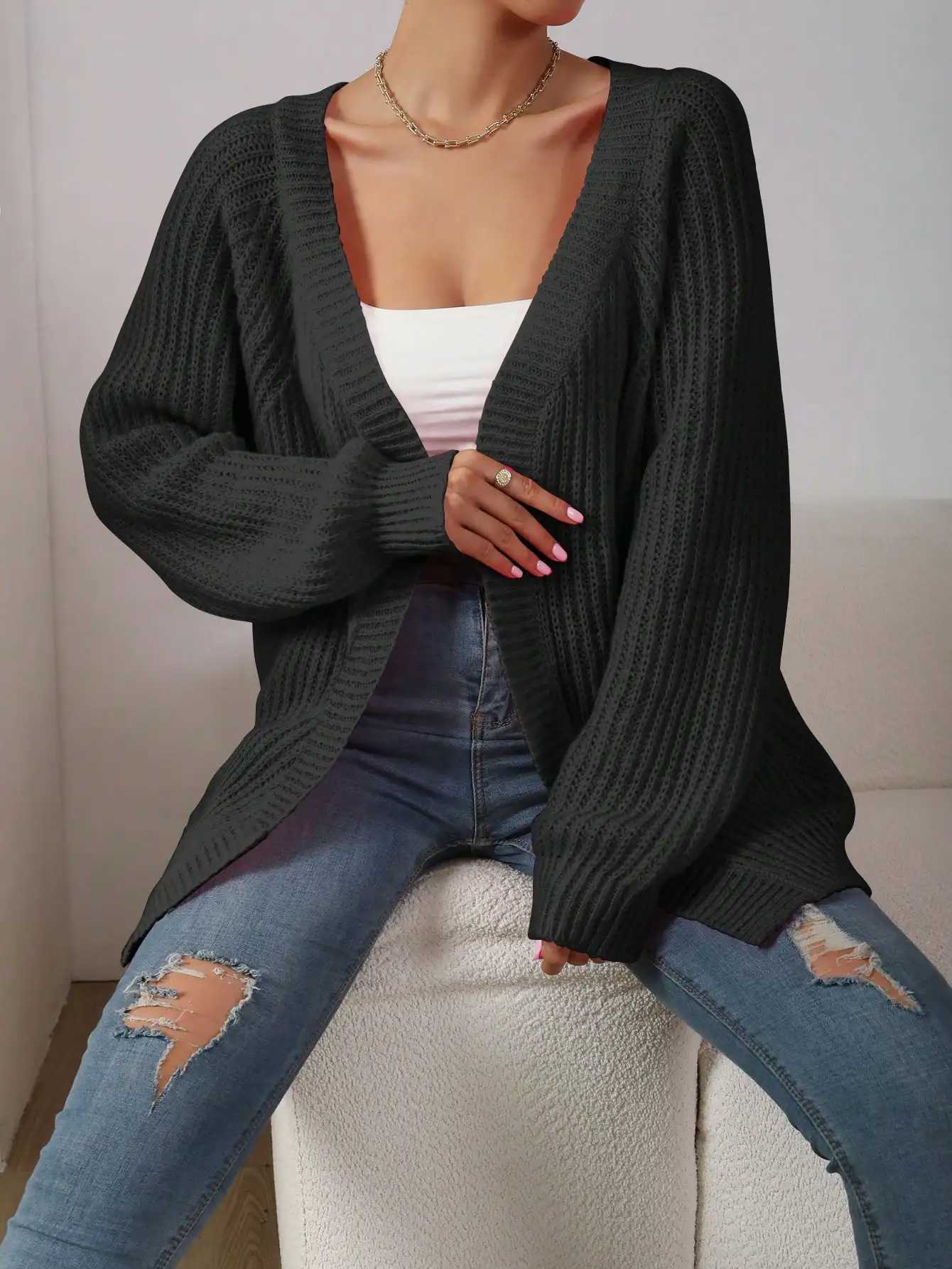 Womens Multi-Color Open Front Knit Cardigan Oversized Long Sleeve Casual Loose-Fit Outerwear Black/Pink/White M260306