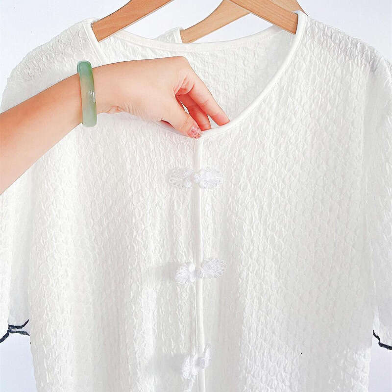 Chinese Sle ort Sve Silk Chiffon irt Women's Faionable Slim Fit Summer Top V-Ne Straight Cut Polyester Fiber