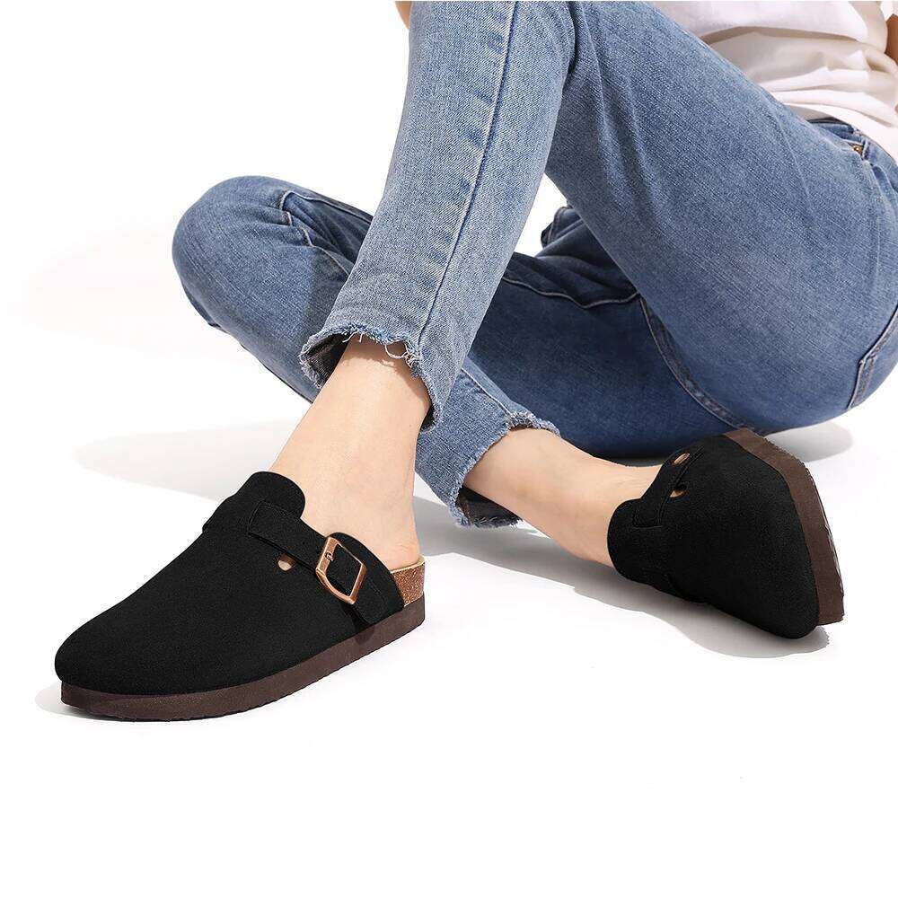 LItfun Fashion Comfy Leather Cozy Cork Mules Soft Insole Clogs Sandals With Adjustable Buckle