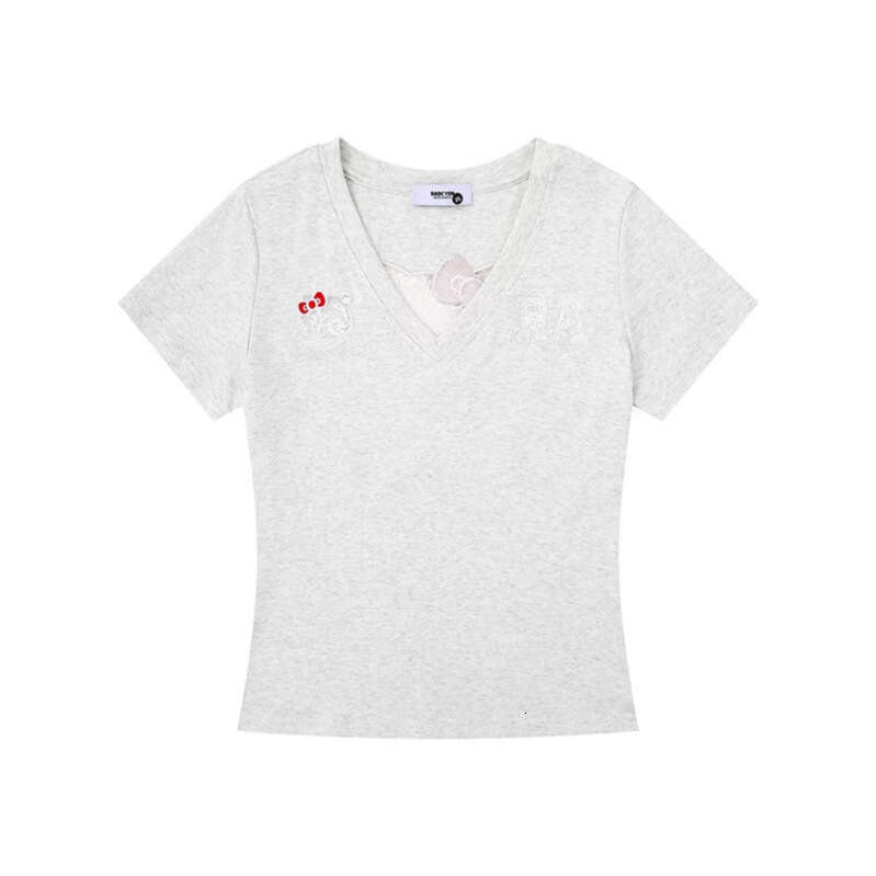 Sweet Cute Cat Hollow Short Sleeve V-neck T-shirt Women's Slim Fit Pure Cotton Style Summer Fashion Top Y2K cartoon embroidery