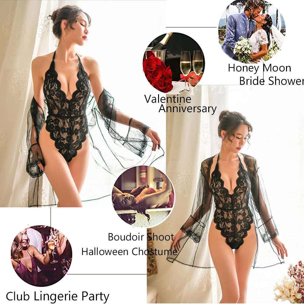 Women Transparent Bodysuit Sexy Lingerie Sleepwear Mesh Lace Floral See-through Teddies Catsuit Erotic Sex Costume