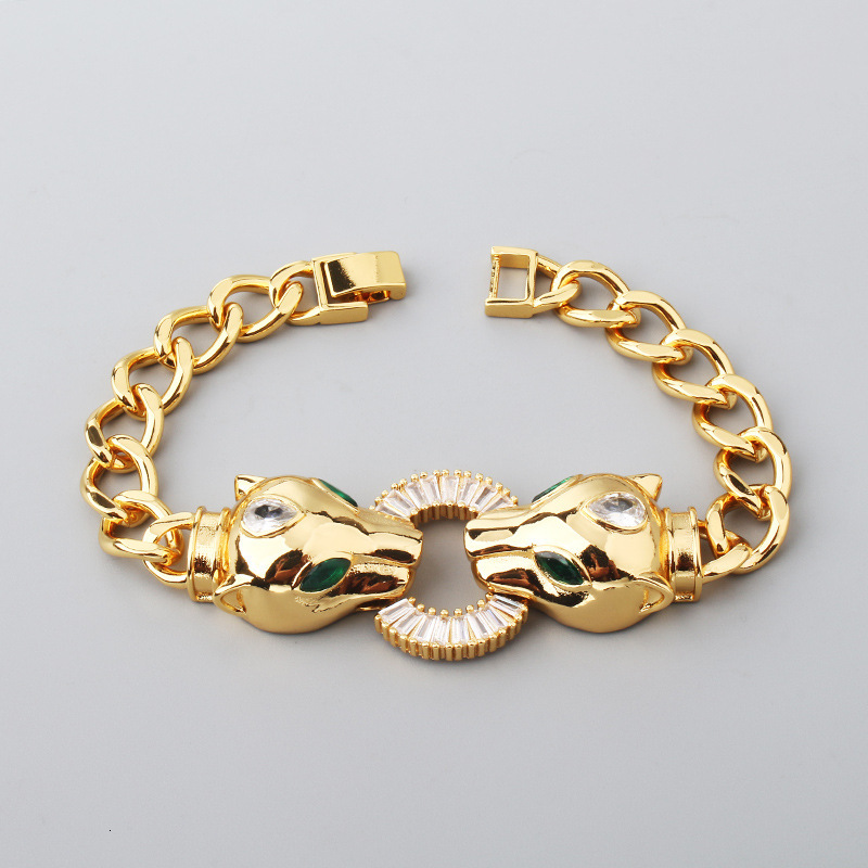 Bracelet Minimalist Hip-Hop Copper Micro-Inlaid Zircon And Bracelet, Electroplated Exaggerated Punk Style Double Leopard Head Pendant Necklace