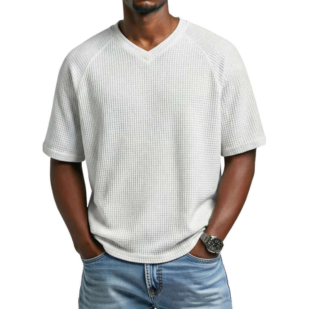 2026 European and American Spring Summer Cross-Border Independent Station Fashion Waffle Knit Raglan V-Neck Short Sleeve Men's T-Shirt
