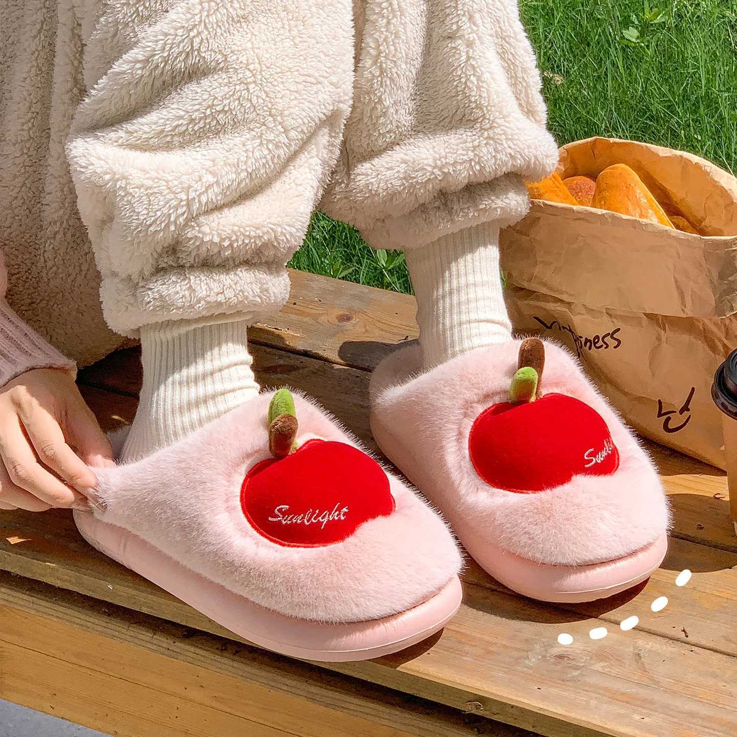 TZLDN Cartoon Plush Slippers for Women Men Winter Warm Fluffy Faux Fur Slippers 3D Apple Indoor Home Couple Cotton Slippers S260305