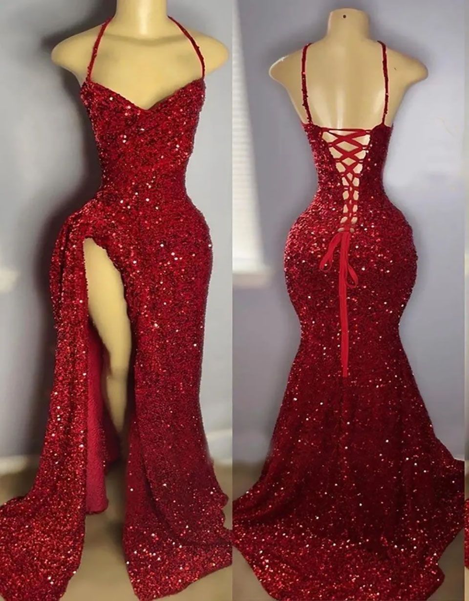 Prom Dresses Party Evening Gown Formal Mermaid Sequins Custom Zipper Lace Up Plus Size New Spaghetti Sleeveless Dark Red Thigh-High Slits