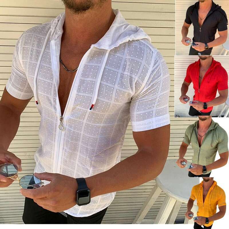 2025 New Model for Foreign Trade: Amazon European and American Fashion Men's Short-Sleeve Hooded Zipper T-Shirt