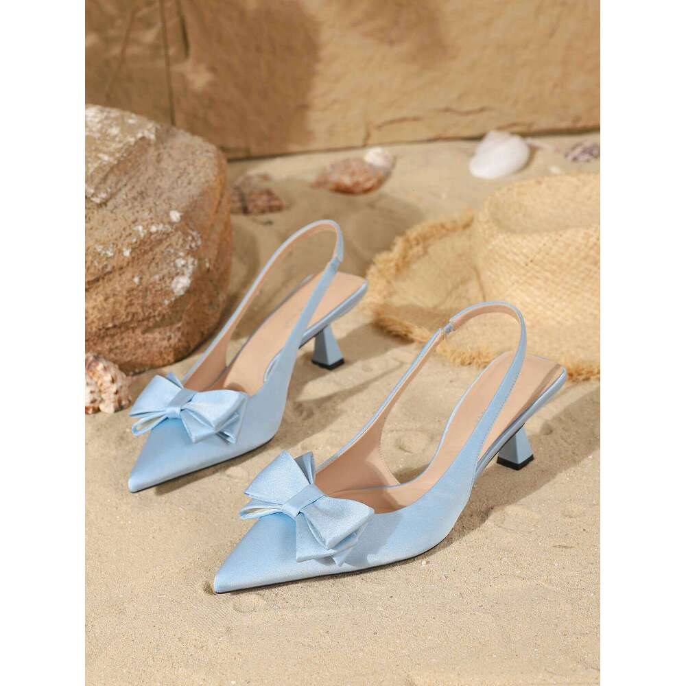 Women's fashionable elegant satin pointed-toe high heels with a back ankle strap. Comfortable, simple, and versatile in styl