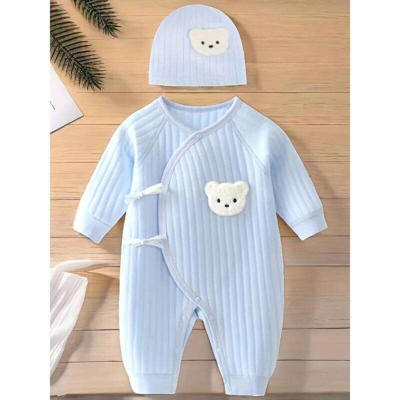 All Seasons Cute Infant Newborn Romper Baby Boy Girl Cartoon Bear Cotton Jumpsuit with Hat Z260306