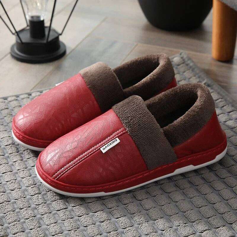 Women's Winter Slippers Home Warm Thick Bottom Plush Waterproof PU Leather Couples Cotton Men's Flat Couple Shoes