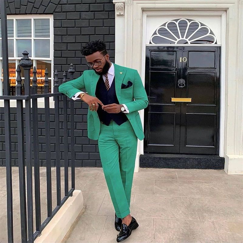 2 Pieces Green Suits Cotton Groom Tuxedos Lapel Modern Formal Men Coat+Pant Custom Made Party Suit Cheap