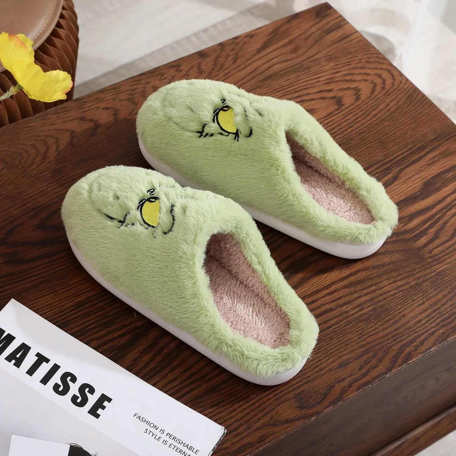 2024 Women Plush Slippers Autumn Winter Warm Funny Green Haired Monster Shoes Cute Fluffy House Non Slip Couples Cotten Slippers S260305
