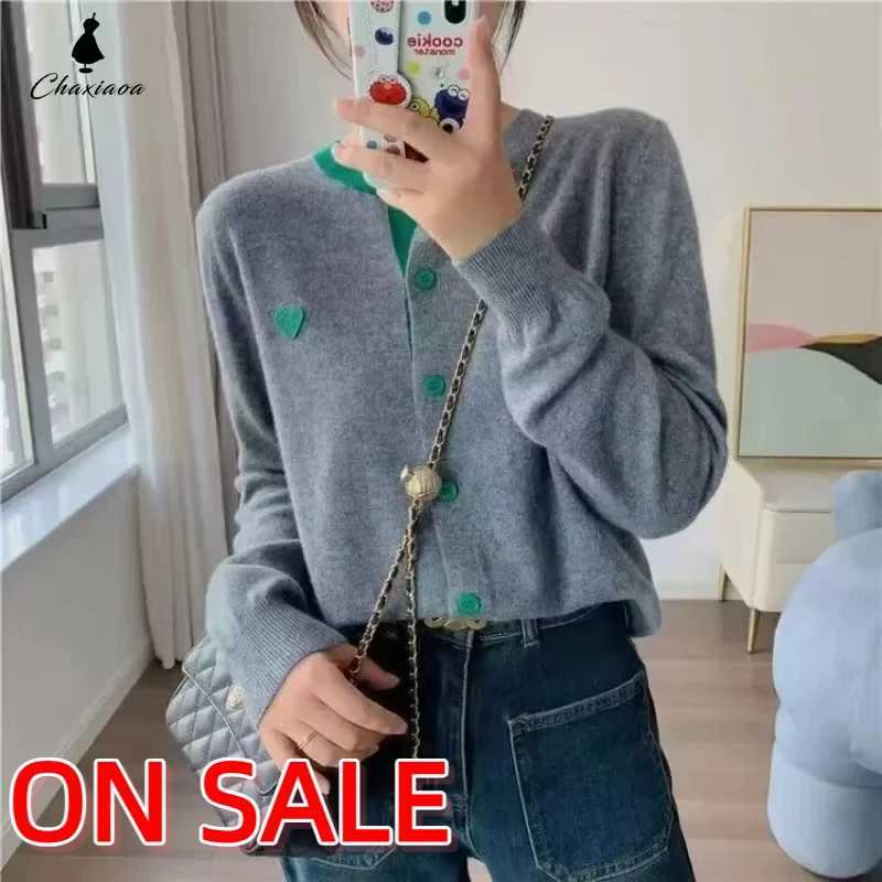 Academic Style Gray Cardigan Crochet Knit w/ Heart Green Buttons Autumn Basic Outerwear Open Front Sweater for Women M260306