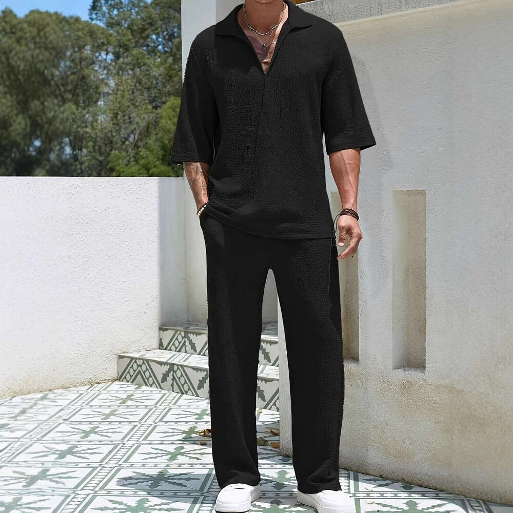 2026 European and American Spring New Cross-Border Commuting Men's Casual Shirt Solid Color Short Sleeve Long Pants Two-Piece Set