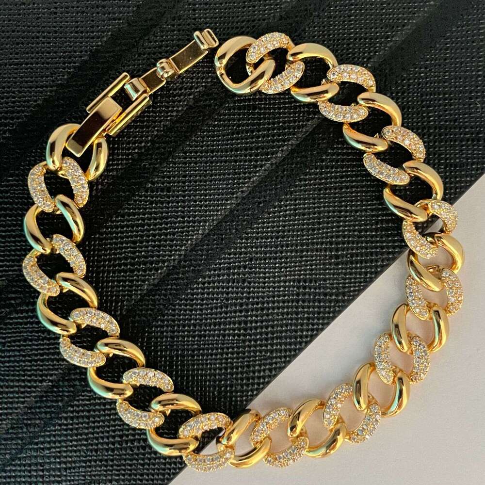 Cross-Border Cuban Chain Hip-Hop European and American Brass Gold-Plated Full Diamond Luxury Bracelet Simple Hong Kong Street Style Jewelry