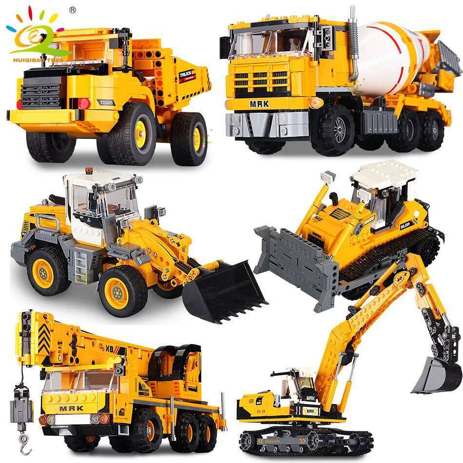 HUIQIBAO Engineering Truck Building Blocks Vehicle Excavator Bulldozer Crane Car Bricks City Construction Toys For Children Boys Z260306