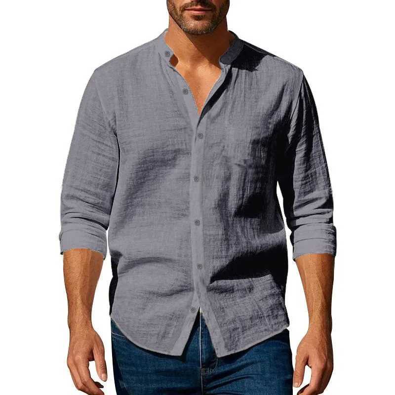 Cotton Linen Shirt for Men Henley Neck Solid Color Lightweight Breathable Single Breasted Slim Fit Casual Long Sleeve Button Top M260305