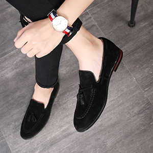 Men's Black Suede Tassel Loafers Slip-On Casual Dress Shoes Comfortable Low Heel Walking Shoes