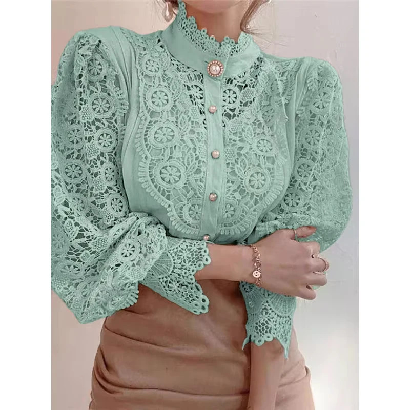 Elegant Loose Sweet Fashion Lace Women Blouse Office Stand Collar Casual Shirt Ladies Petal Long Sleeves Hollow Out Top Clothing 260306