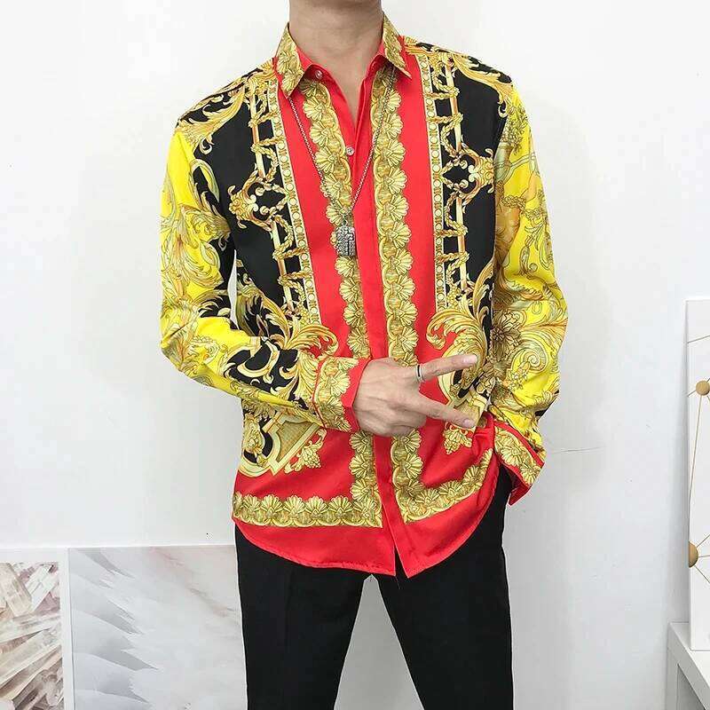 Casual Gold Retro Print Summer 3D Printed Lapel Men's And Women's Fashion Shirt Long Sleeve
