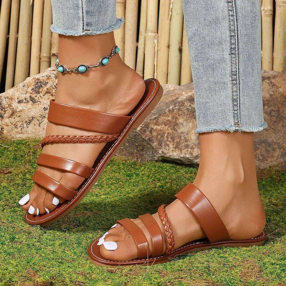 2025 Ladies Summer Solid Colour Simple Retro Ankle Strap Round Head Flat Bottom Plus Size Roman Shoes Comfyfor Women