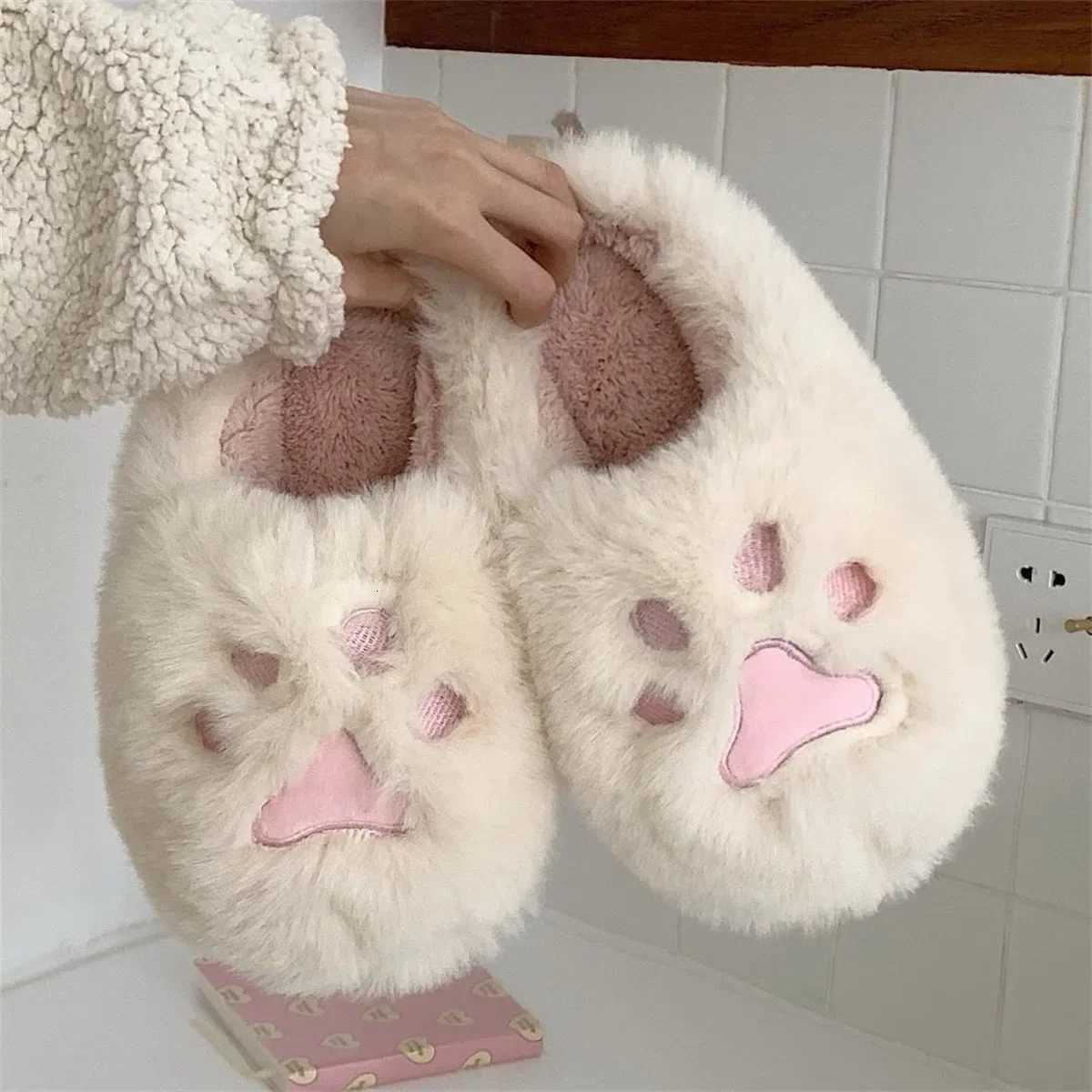 Women Kawaii Cat Claws Fluffy Fur Plush Slippers Womens Home Slippers Cute Cotton Non Slip Winter Shoes Women Christmas Gift S260305