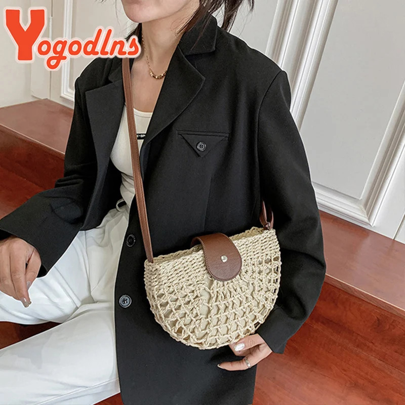 Yogodlns Summer Straw Bag For Women Fashion Semicircle Crossbody Bags Rattan Handmade Messenger Handbag Travel Beach Bags Tote 260303