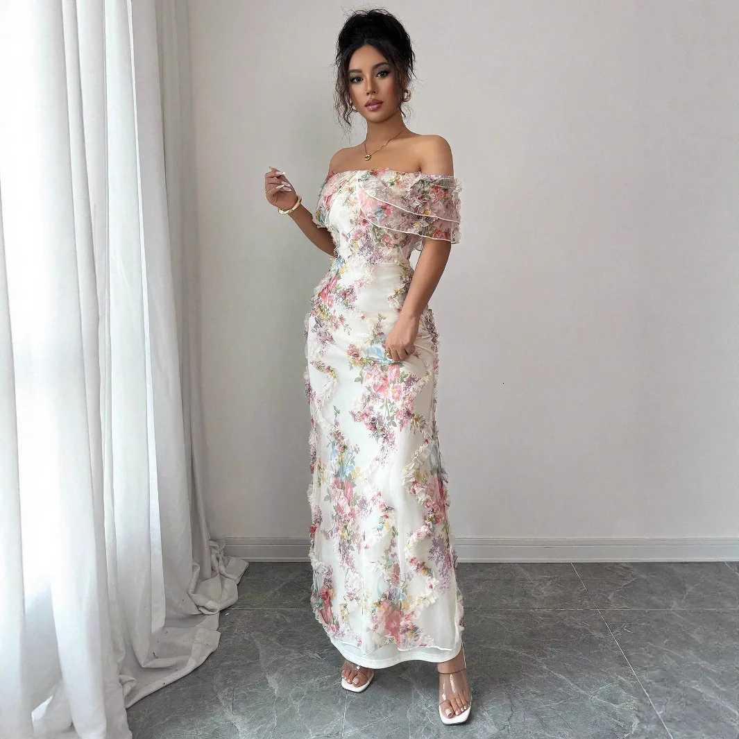 Elegant and romantic ruffled off-the-shoulder waist-cinching tight mesh floral dress for women X260306