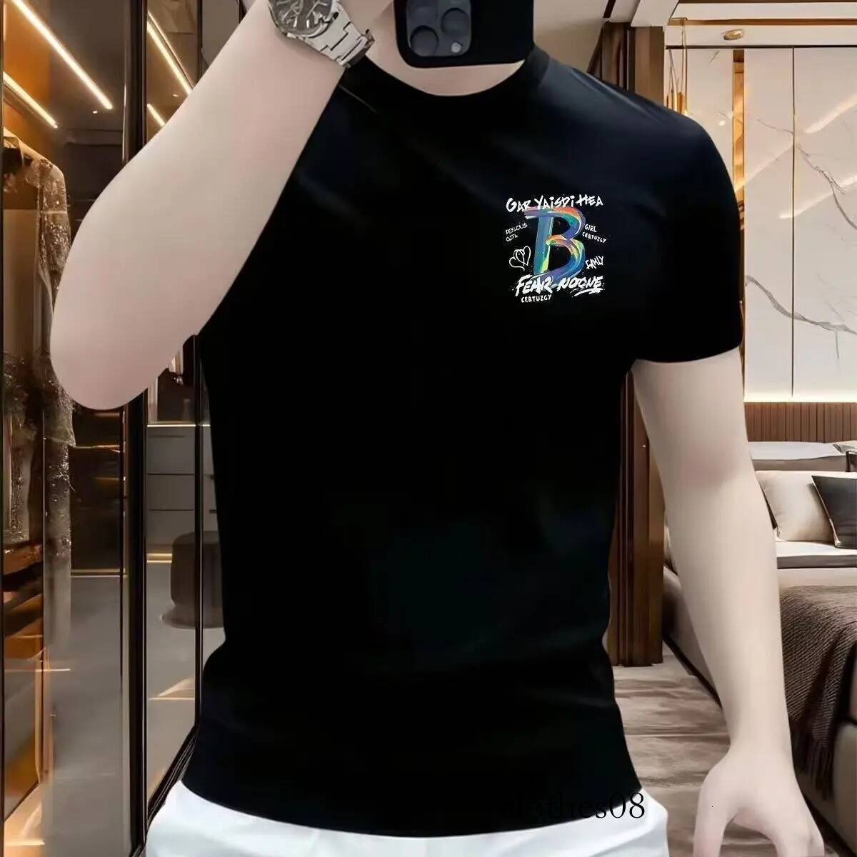 Summer New Trendy Brand Short T-Shirt Letter B Print Unisex Half Sleeve Base Shirt Korean Style Cotton Cartoon