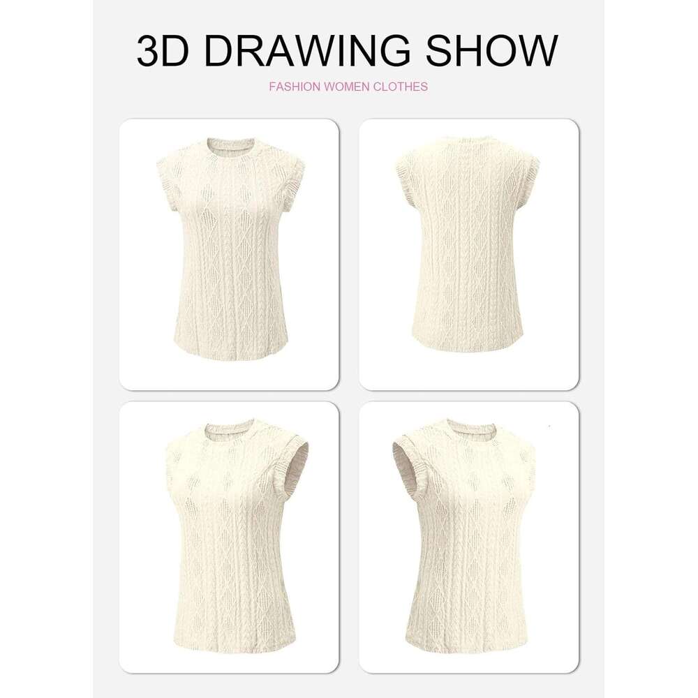 Designer Women's Summer Tops Casual Crewneck Cap Sleeve Shirts Lightweight Crochet Knit Texture Tank Top Blouses