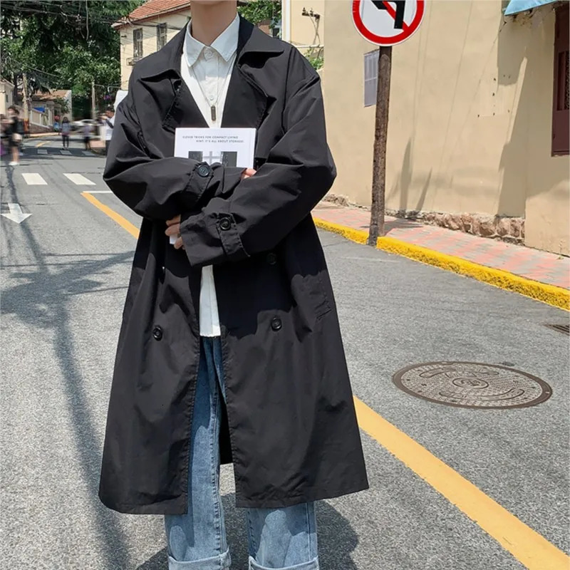 Korean style Autumn Trench men Coat Male Streetwear Windbreaker Trenchcoat Men Solid Business Casual Loose Long Overcoat 260302
