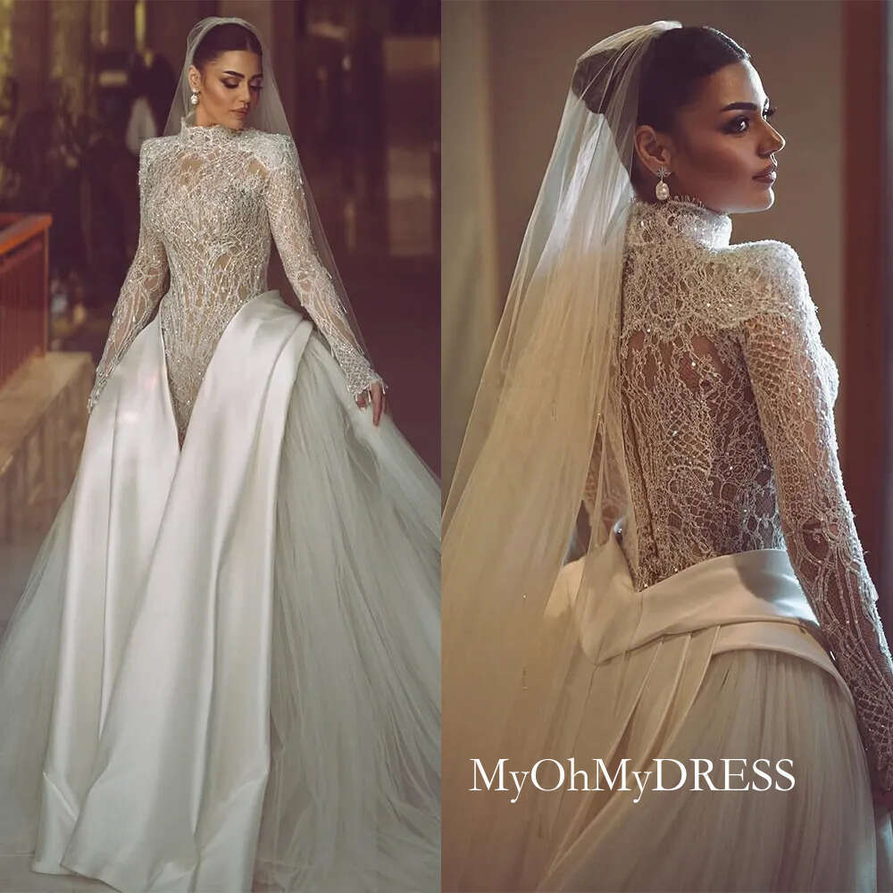 Sexy A Line Women Wedding Sequins Beaded Bridal Gowns High Collar Long Sleeves Detachable Train Dress Custom Made Vestidos De Novia D0306